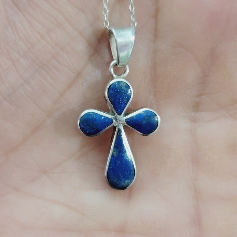 Sterling Silver Lapis Lazuli Cross Pendant Necklace 20"